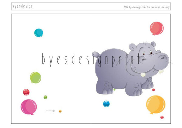 Flodhest - children birthdaycard - bye9design digitalt print - nordic design