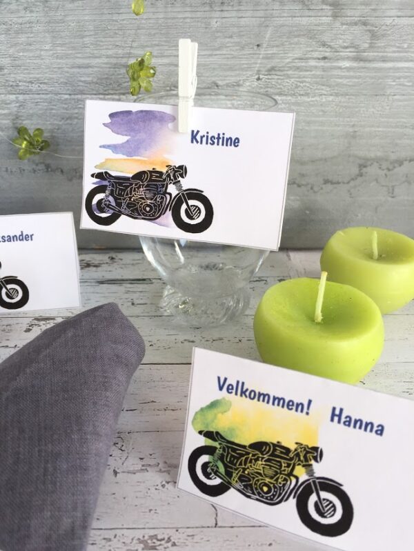 Motorsykkel - tøffe bordkort og serviettringer - redigerbar tekst