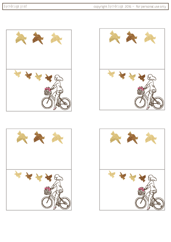 Sykkel jente og sommerfugler i gull - bordkort 5x8 cm - redigerbar tekst