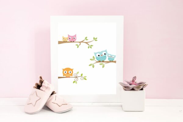 Familie - barneplakat med ugler - print ut selv