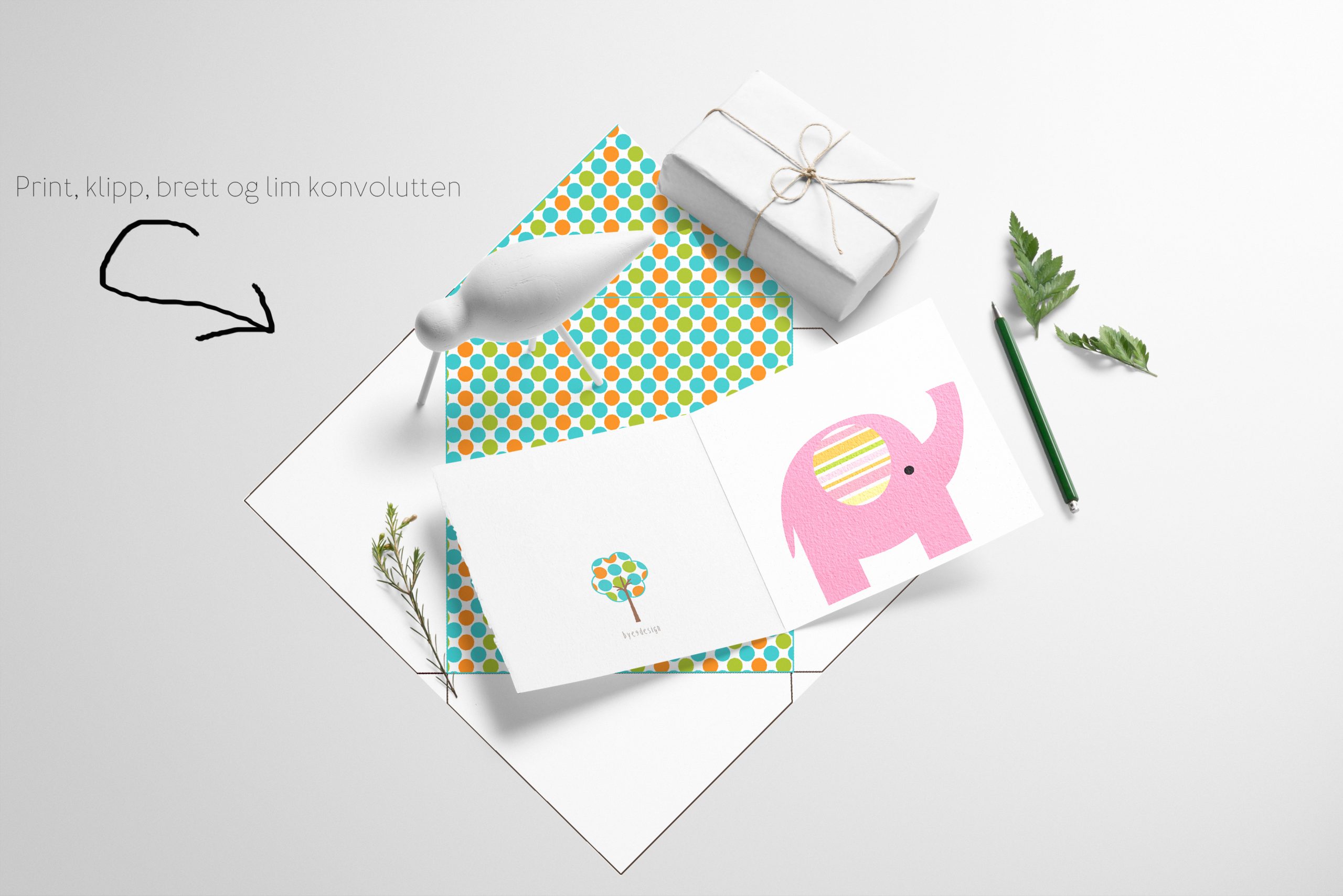 elefant – fargerikt kort til eller – Bye9design nettbutikk