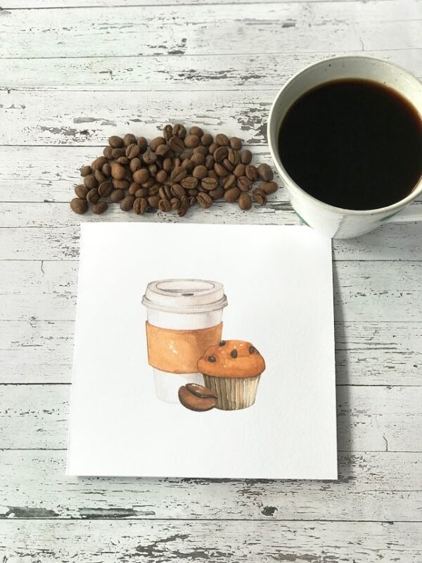 Kort med kaffe og muffinsmotiv